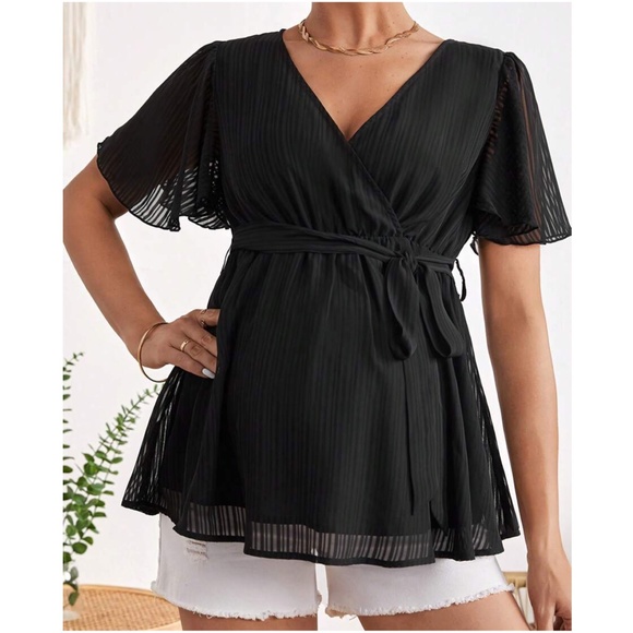 Tops - Maternity Butterfly Sleeve Belted Peplum Blouse